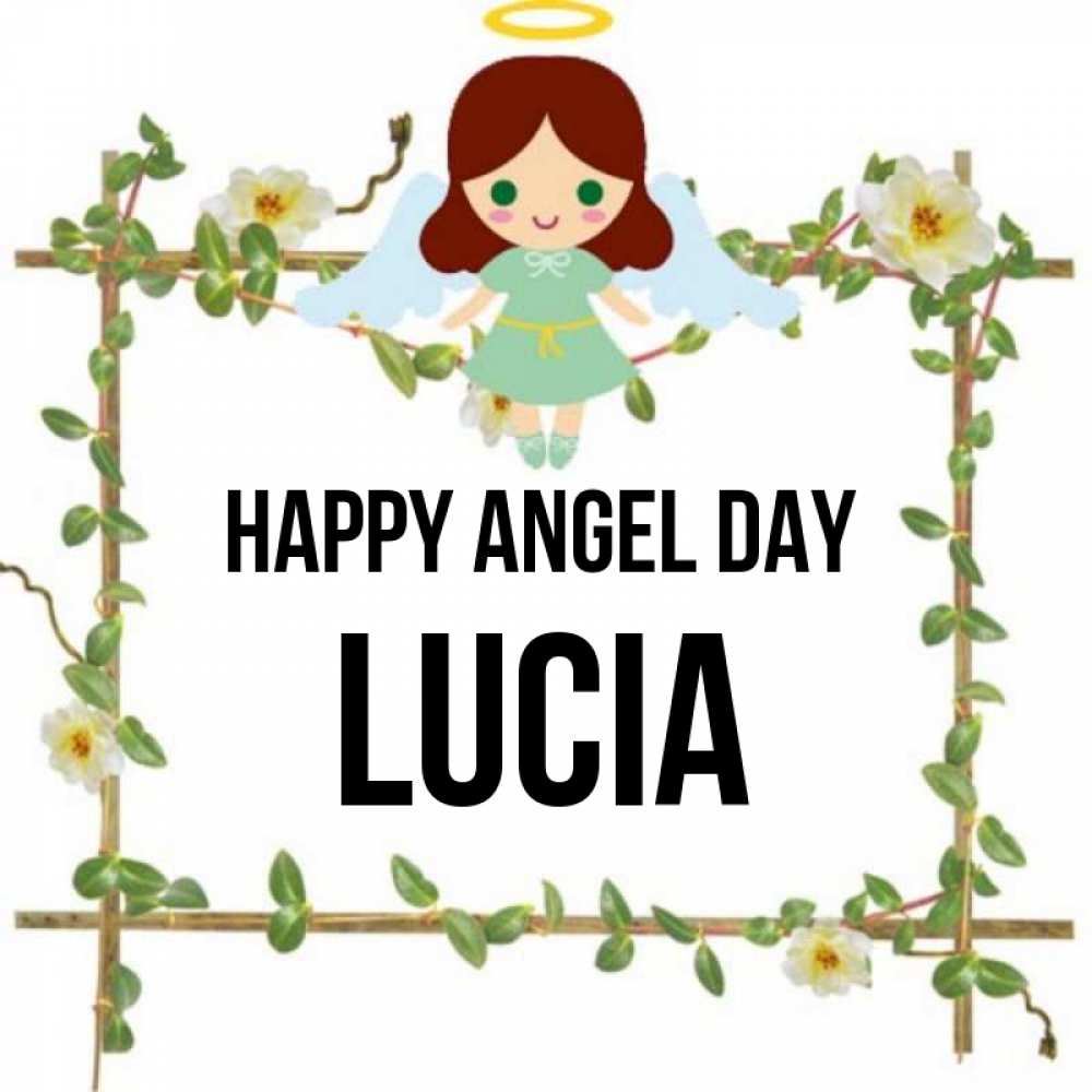 Greetings card с именем, Lucia happy angel day Ангел с нимбом Greetings with text for free download 