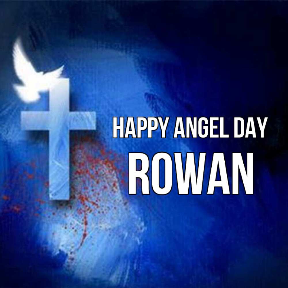 Greetings card с именем, Rowan happy angel day Синий фон и птица Greetings with text for free download 