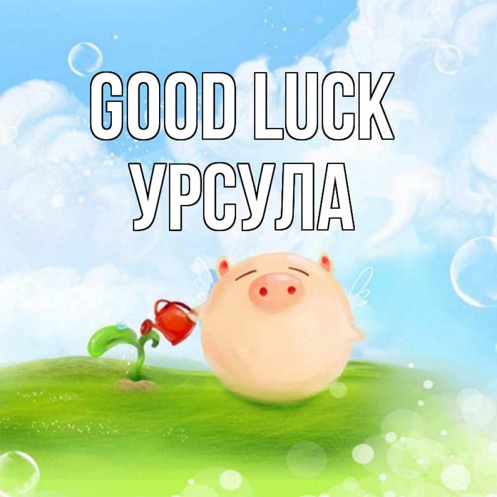 Greetings card с именем, Урсула Good luck поросенок поливает цветок. летнее настроение Greetings with text for free download 