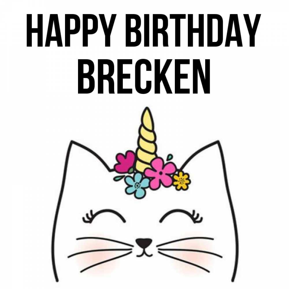 Greetings card с именем, Brecken Happy Birthday милый кот с одним рожком Greetings with text for free download 