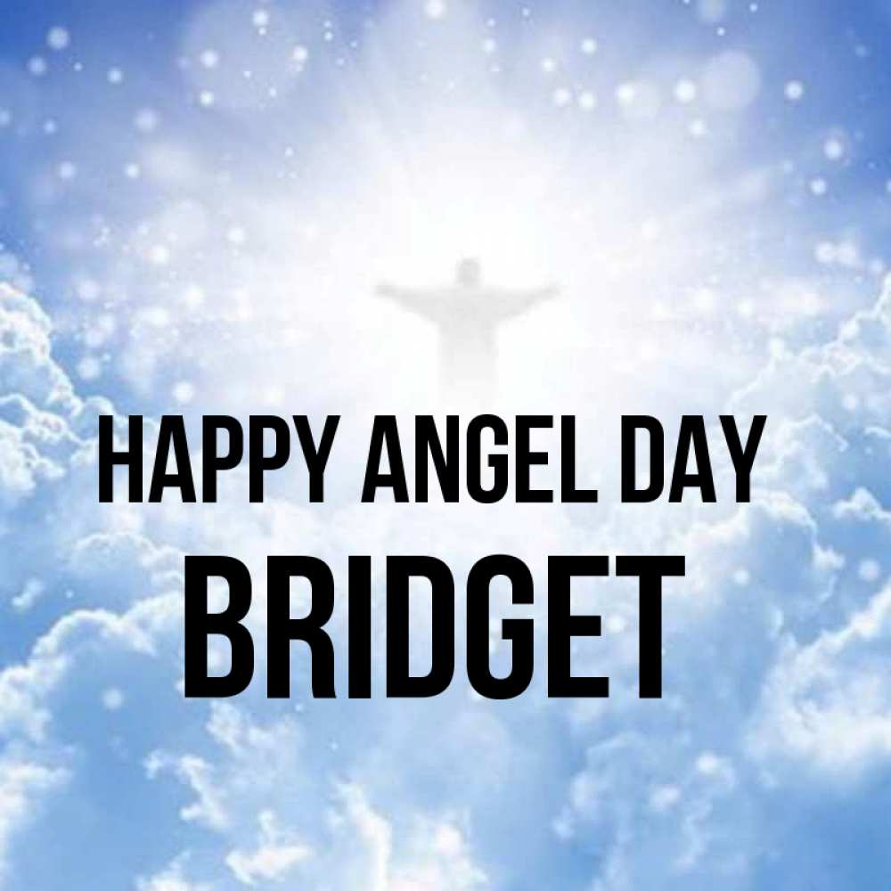 Greetings card с именем, Bridget happy angel day ангел на облаках в свете солнца Greetings with text for free download 