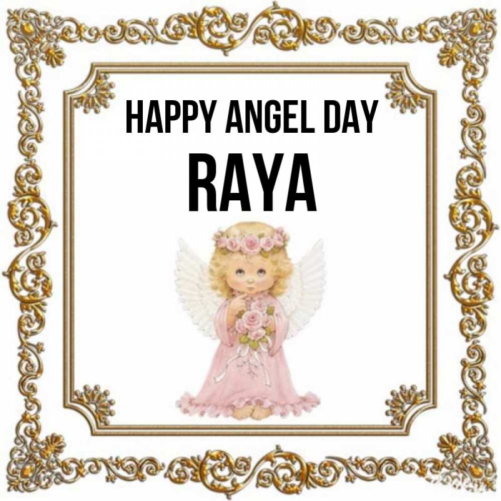 Greetings card с именем, Raya happy angel day девочка ангел с крыльями и цветами в розовом платье Greetings with text for free download 