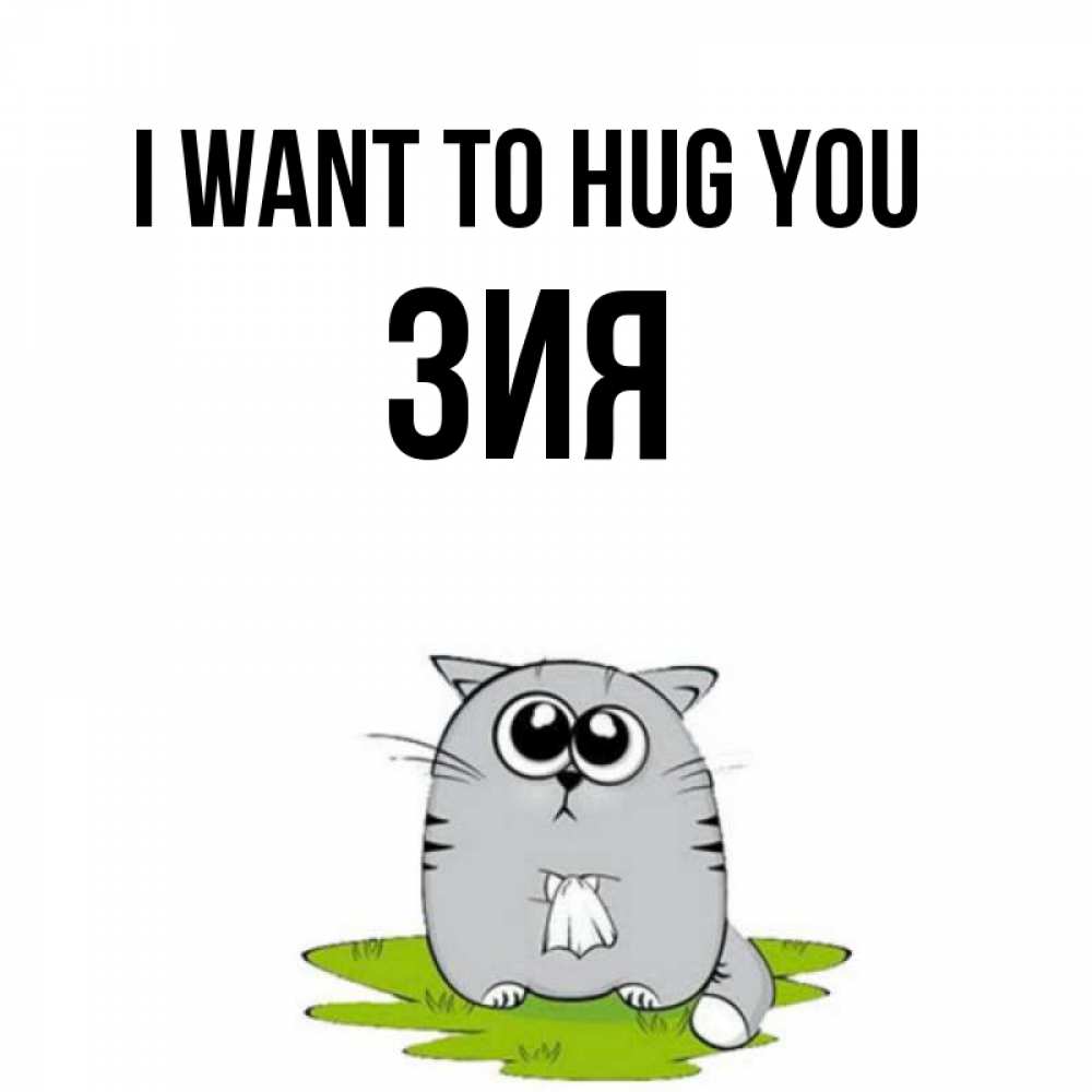 Greetings card с именем, ЗИЯ I want to hug you котик теребит платочек сидя на травке Greetings with text for free download 