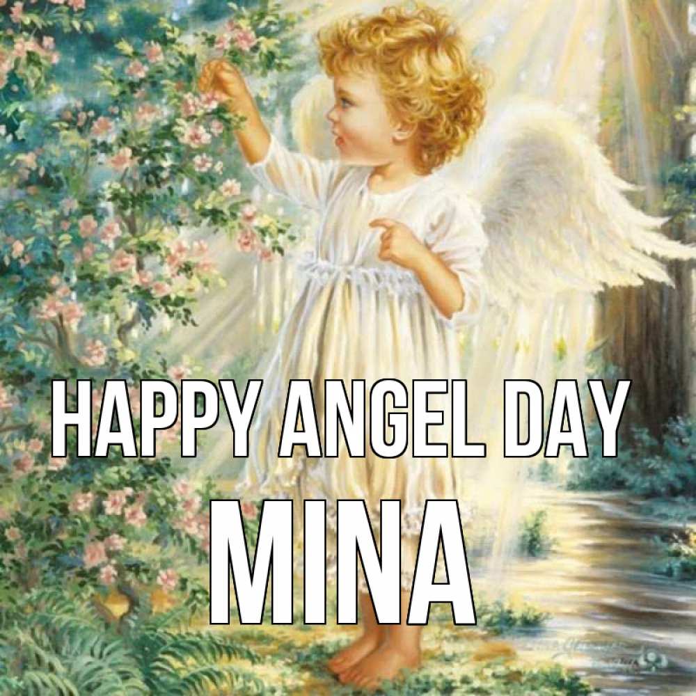 Greetings card с именем, Mina happy angel day собирает цветы Greetings with text for free download 