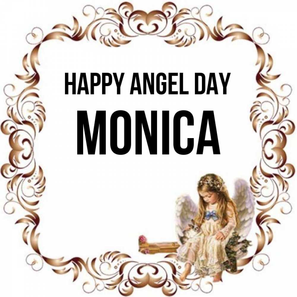 Greetings card с именем, Monica happy angel day рамочка из перьев и ангелочек Greetings with text for free download 