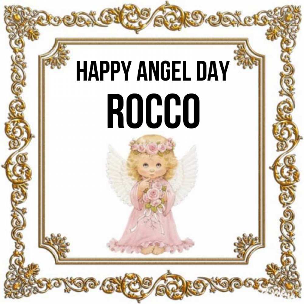 Greetings card с именем, Rocco happy angel day девочка ангел с крыльями и цветами в розовом платье Greetings with text for free download 