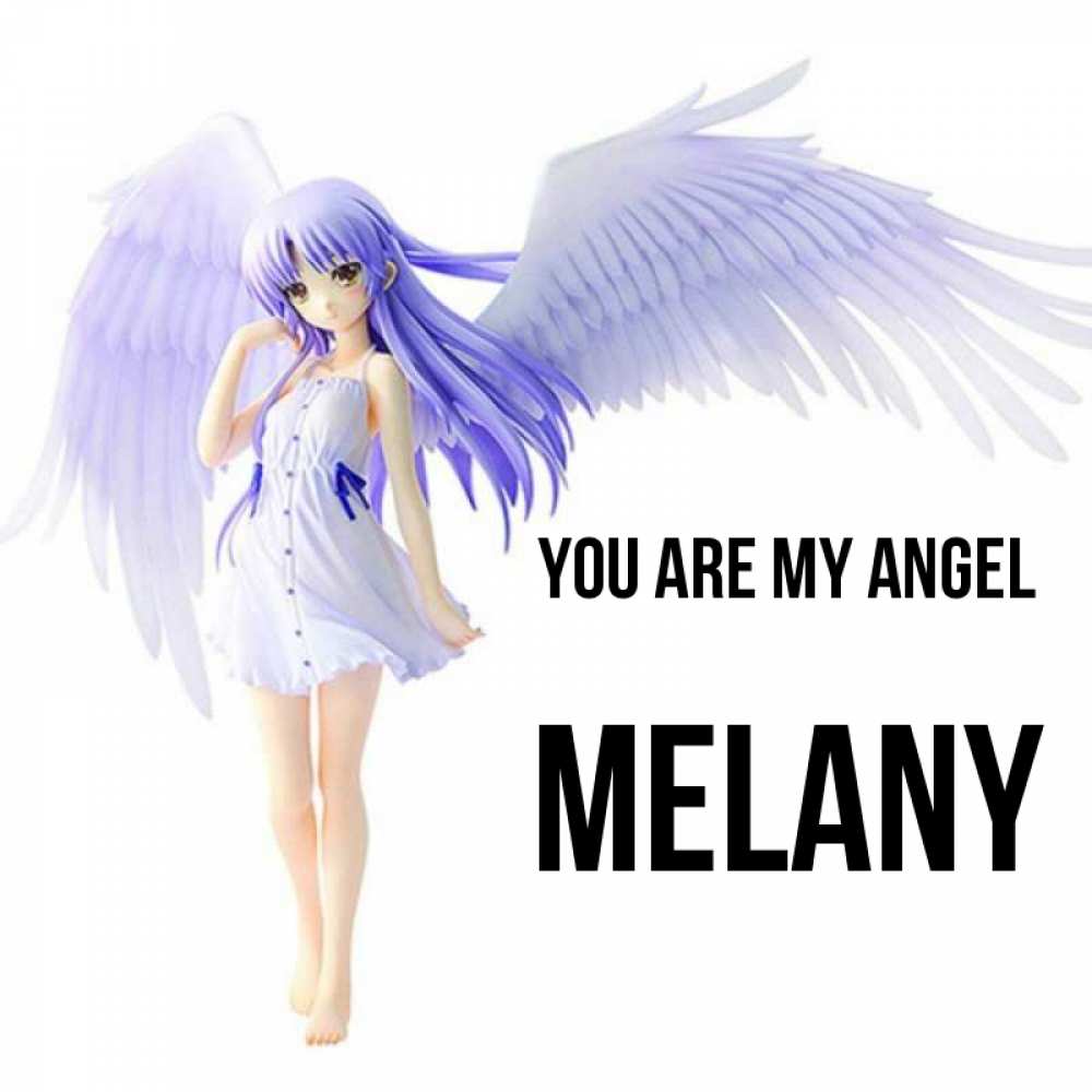 Greetings card с именем, Melany You are my angel девушка ангел с фиолетовыми крыльями Greetings with text for free download 