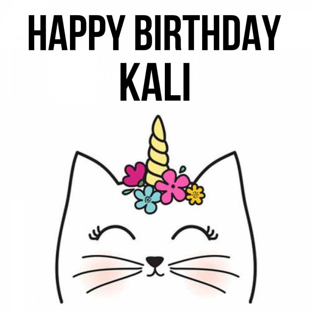 Greetings card с именем, Kali Happy Birthday милый кот с одним рожком Greetings with text for free download 