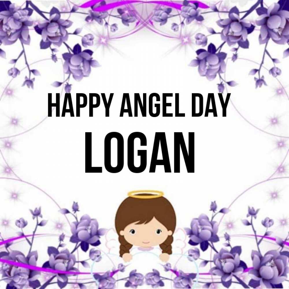 Greetings card с именем, Logan happy angel day с именинами в рамочке Greetings with text for free download 