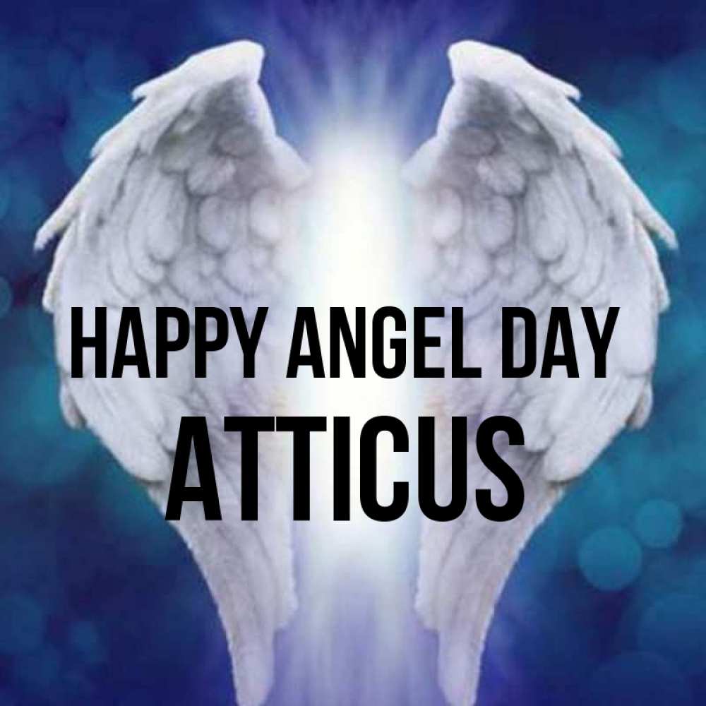 Greetings card с именем, Atticus happy angel day синий фон и крылышки Greetings with text for free download 