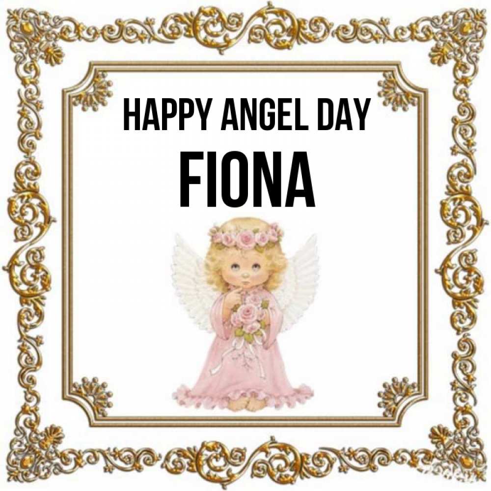 Greetings card с именем, Fiona happy angel day девочка ангел с крыльями и цветами в розовом платье Greetings with text for free download 