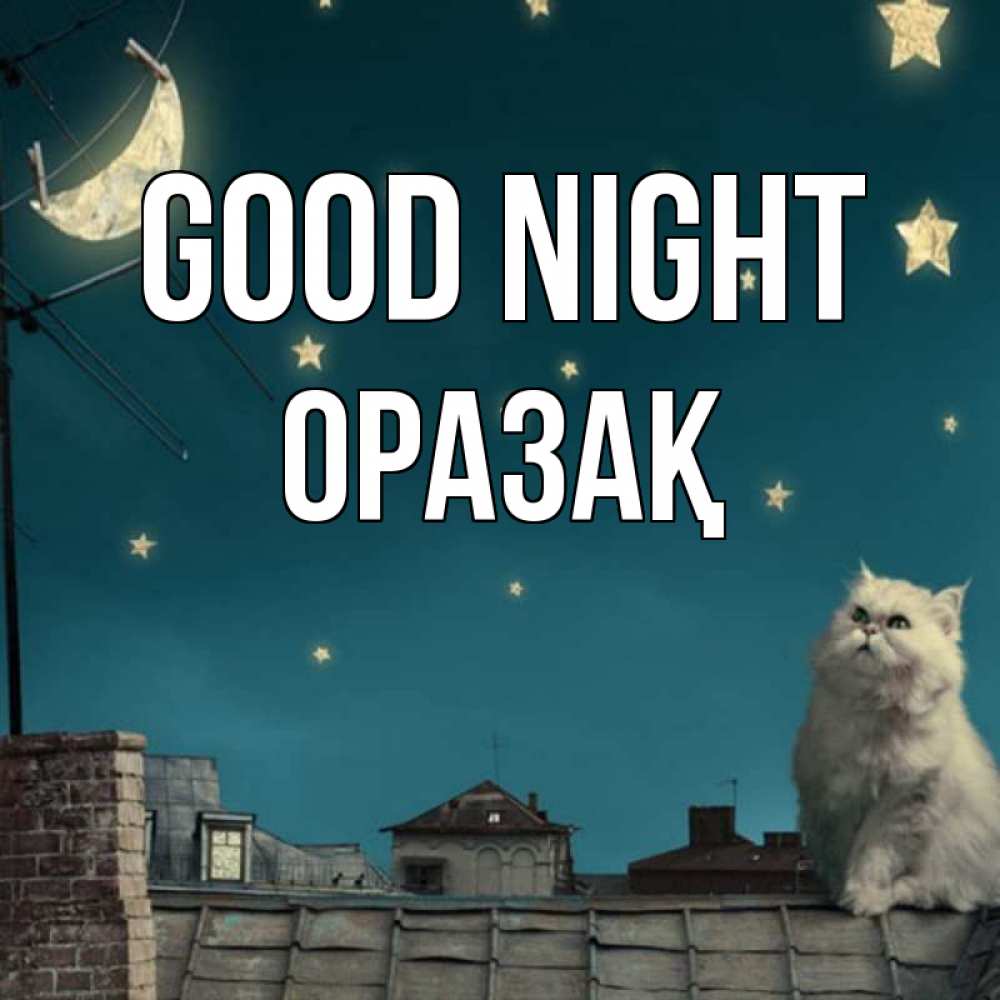Greetings card с именем, ОРАЗАҚ Good night белый кот сидит на крыше Greetings with text for free download 