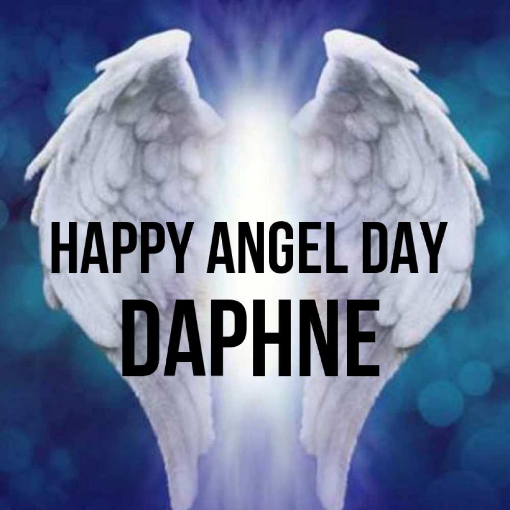 Greetings card с именем, Daphne happy angel day синий фон и крылышки Greetings with text for free download 