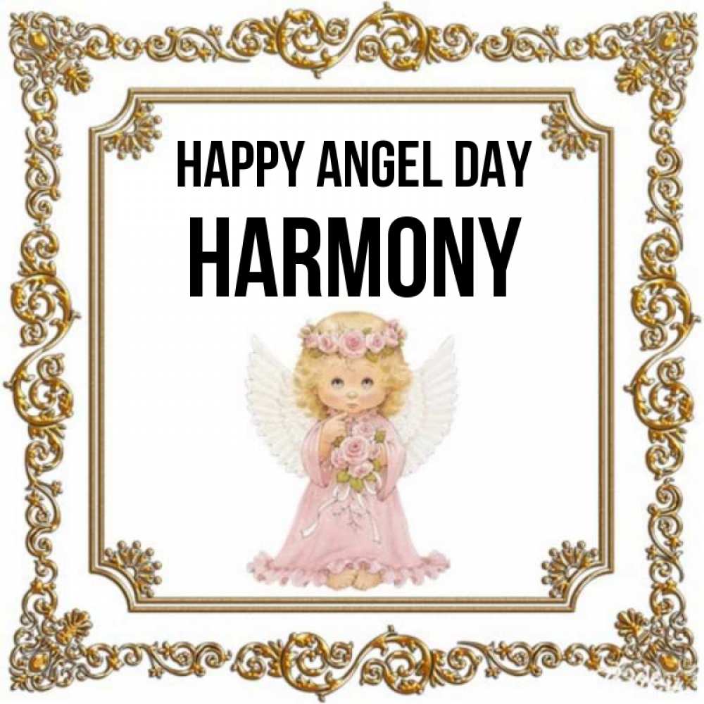 Greetings card с именем, Harmony happy angel day девочка ангел с крыльями и цветами в розовом платье Greetings with text for free download 