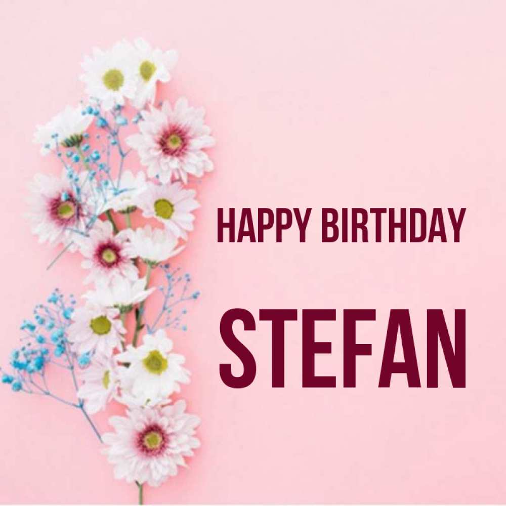 Greetings card с именем, Stefan Happy Birthday Родная моя с днем рождения тебя картинка с цветами белыми и голубыми Greetings with text for free download 