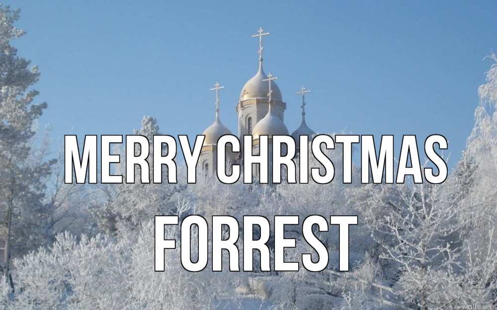 Greetings card с именем, Forrest Merry Christmas храм, зима, лес, церковь Greetings with text for free download 