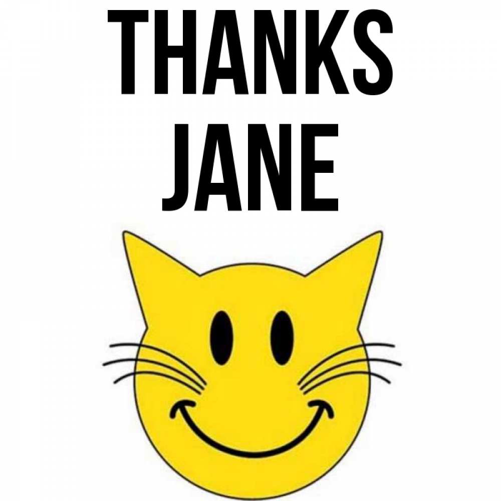 Greetings card с именем, Jane Thanks улыбающийся смайл кот Greetings with text for free download 