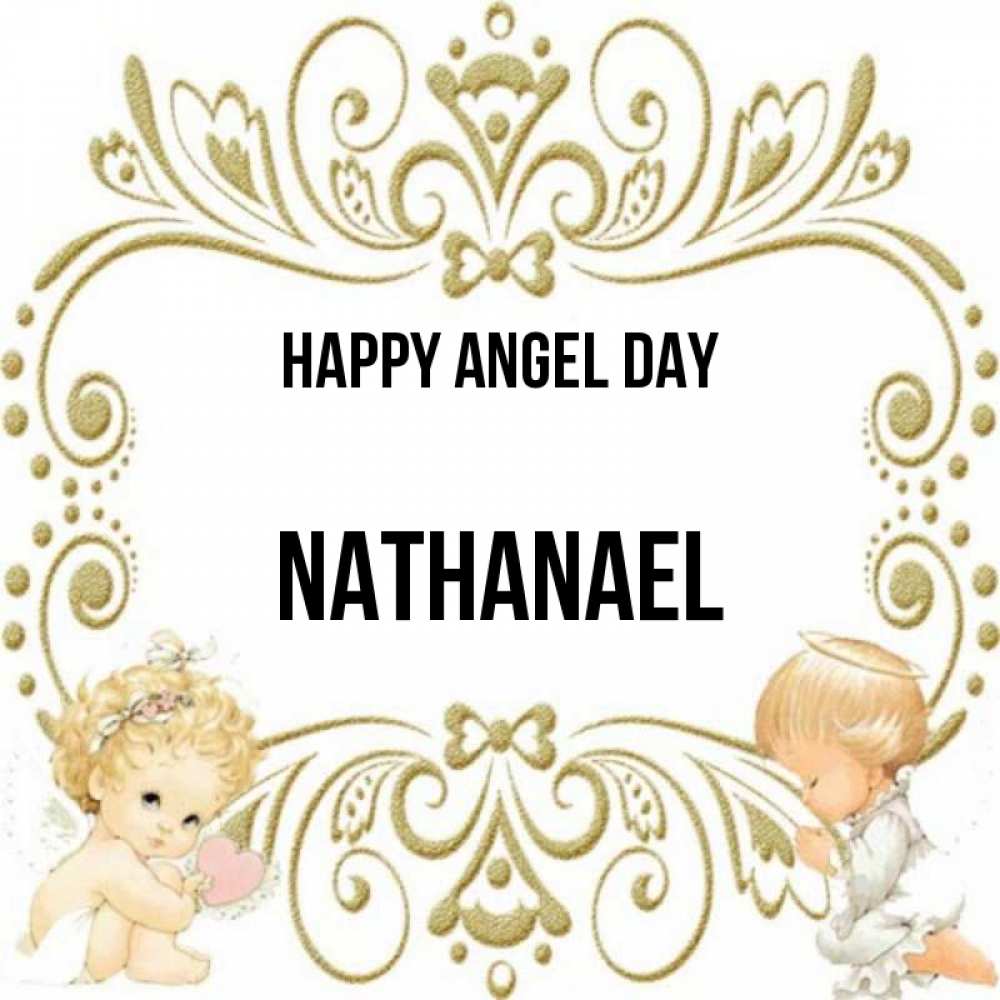 Greetings card с именем, Nathanael happy angel day с именинами поздравляют два красивых ангела. Один с сердечком другой молится Greetings with text for free download 