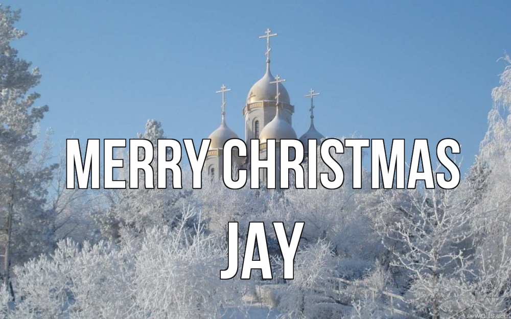 Greetings card с именем, Jay Merry Christmas храм, зима, лес, церковь Greetings with text for free download 