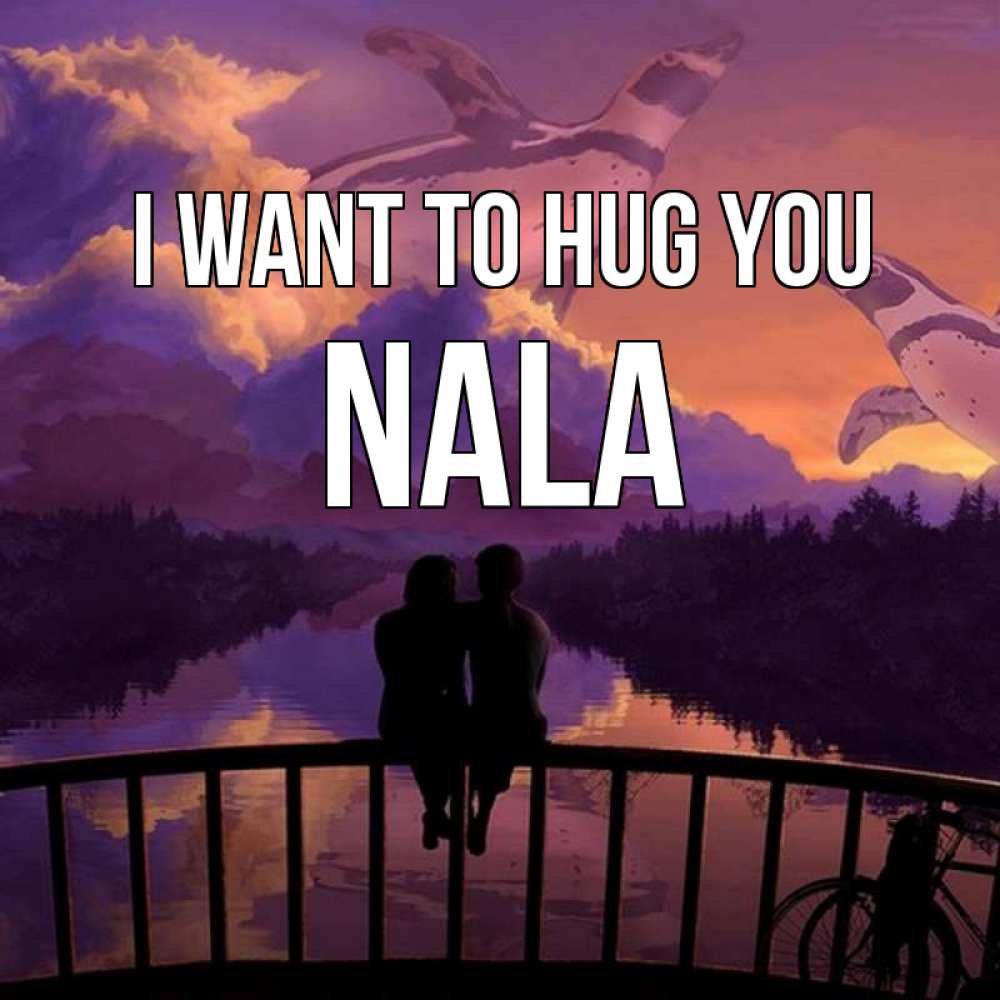 Greetings card с именем, Nala I want to hug you парочка сидит на мосте или на набережной Greetings with text for free download 