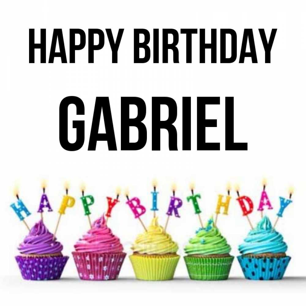 Greetings card с именем, Gabriel Happy Birthday открытка ко дню рождения с разноцветными вкусняшками Greetings with text for free download 