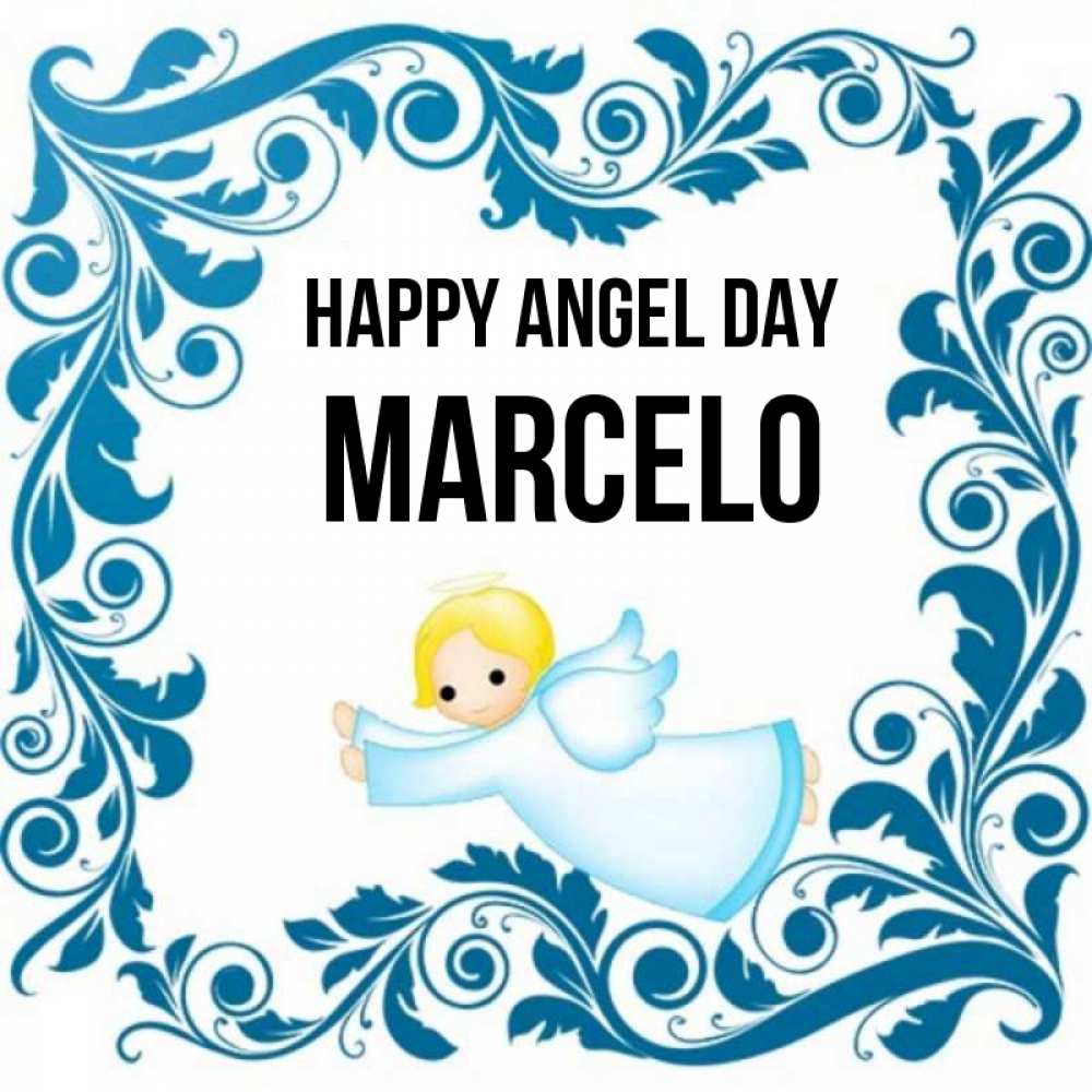 Greetings card с именем, Marcelo happy angel day девочка ангел и синяя рамка Greetings with text for free download 