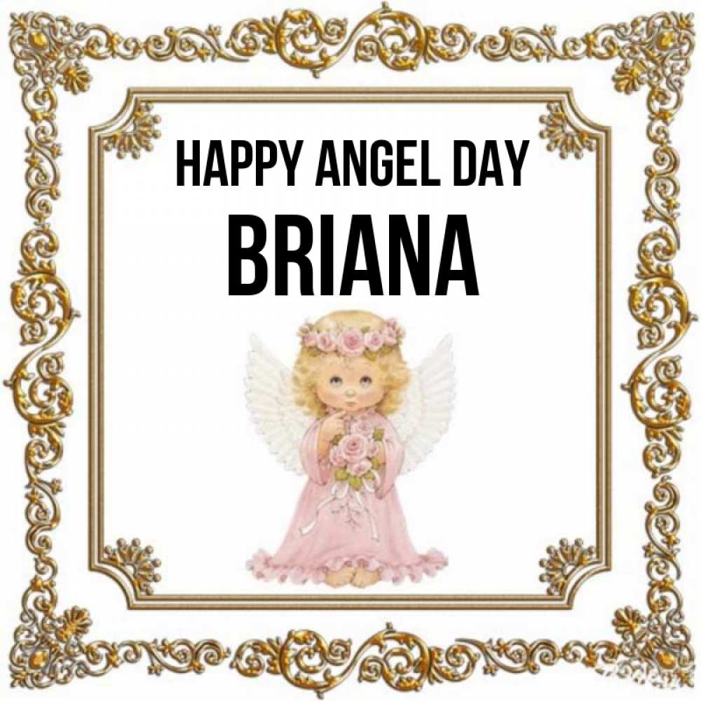 Greetings card с именем, Briana happy angel day девочка ангел с крыльями и цветами в розовом платье Greetings with text for free download 