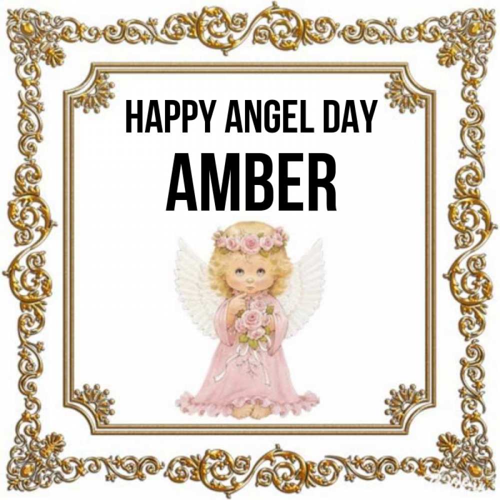 Greetings card с именем, Amber happy angel day девочка ангел с крыльями и цветами в розовом платье Greetings with text for free download 