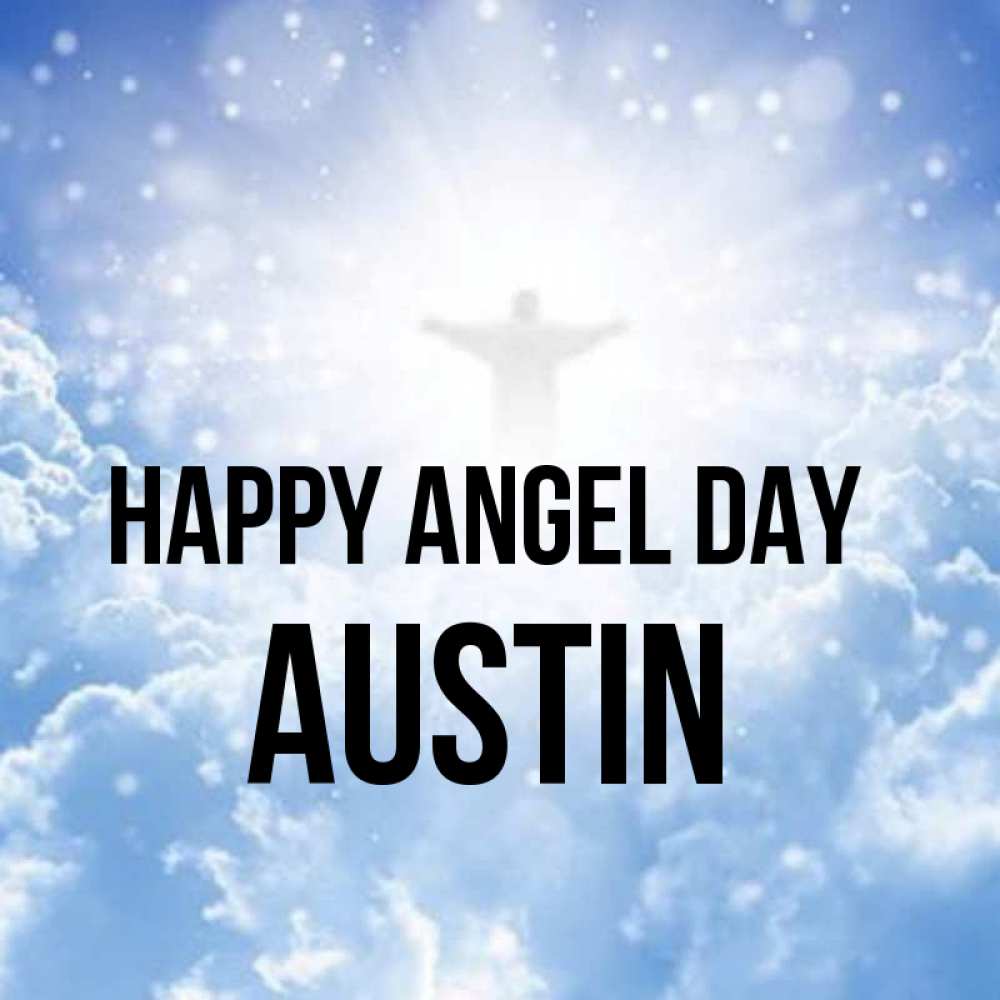 Greetings card с именем, Austin happy angel day ангел на облаках в свете солнца Greetings with text for free download 