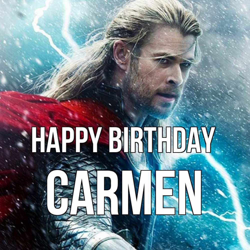 Greetings card с именем, Carmen Happy Birthday марвел боги Greetings with text for free download 