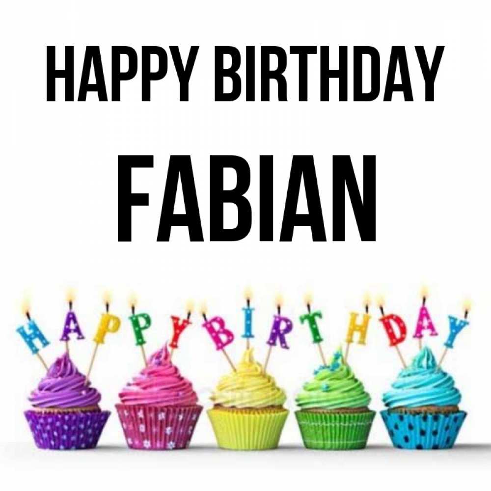 Greetings card с именем, Fabian Happy Birthday открытка ко дню рождения с разноцветными вкусняшками Greetings with text for free download 