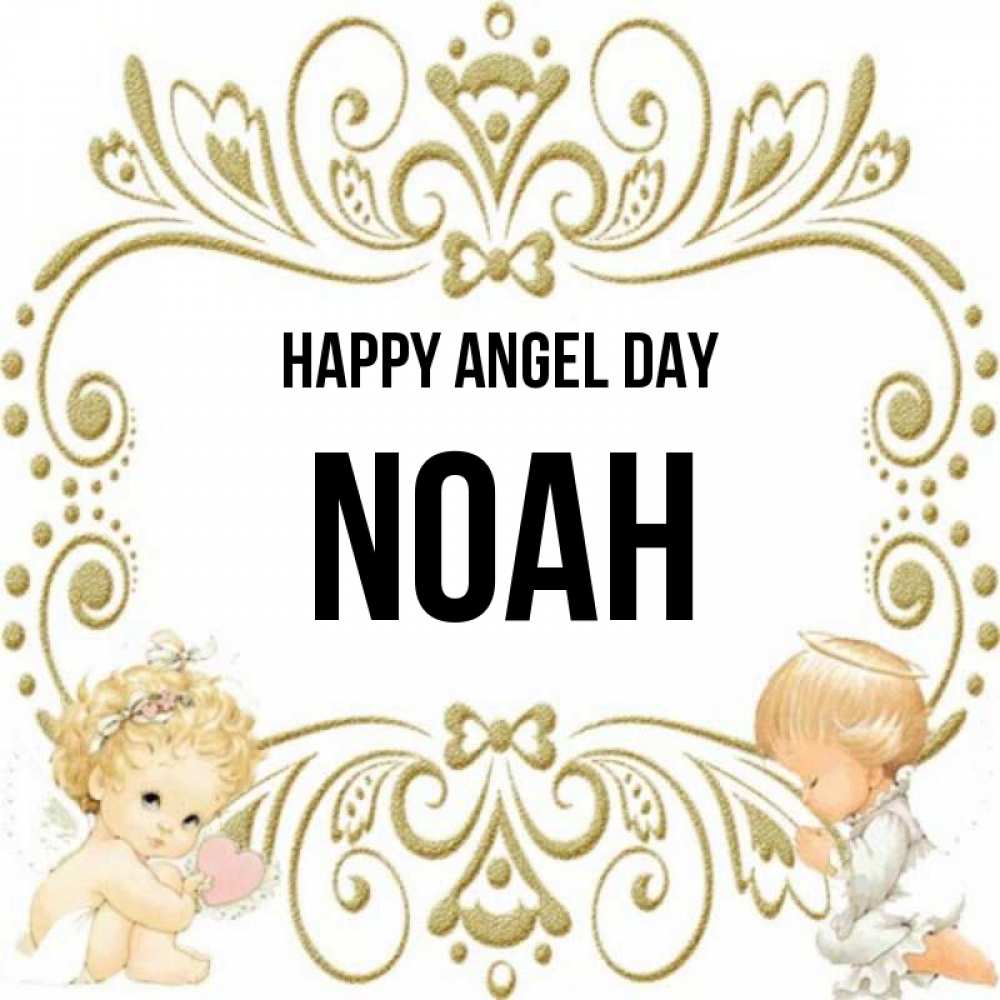 Greetings card с именем, Noah happy angel day с именинами поздравляют два красивых ангела. Один с сердечком другой молится Greetings with text for free download 