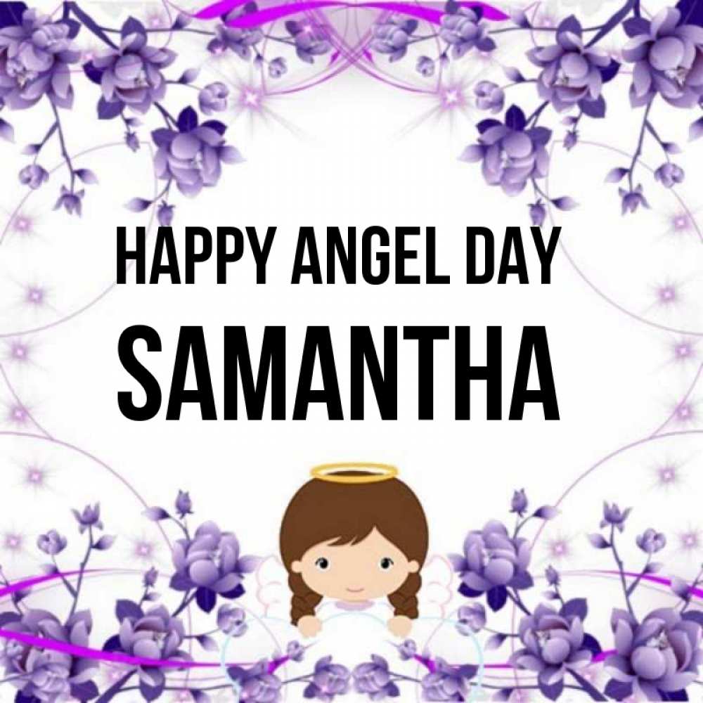 Greetings card с именем, Samantha happy angel day с именинами в рамочке Greetings with text for free download 