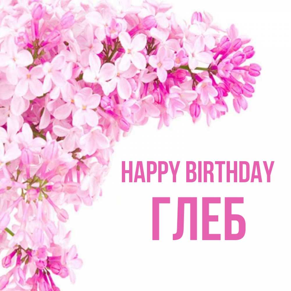 Greetings card с именем, Глеб Happy Birthday Сирень на белом фоне Greetings with text for free download 