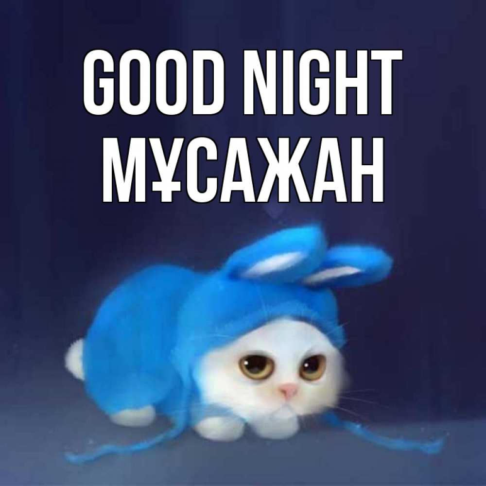 Greetings card с именем, Мұсажан Good night кот в голубом костюме кролика с ушками Greetings with text for free download 