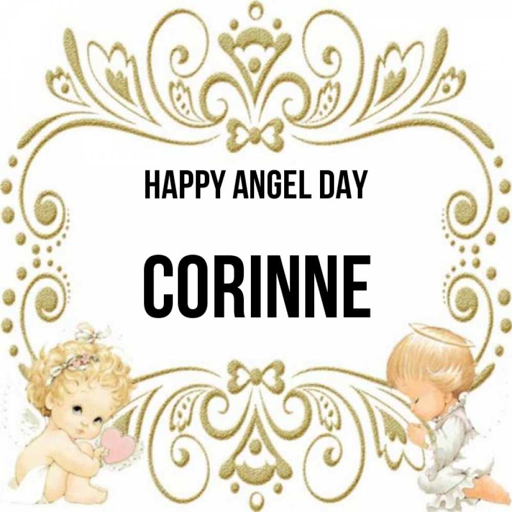 Greetings card с именем, Corinne happy angel day с именинами поздравляют два красивых ангела. Один с сердечком другой молится Greetings with text for free download 