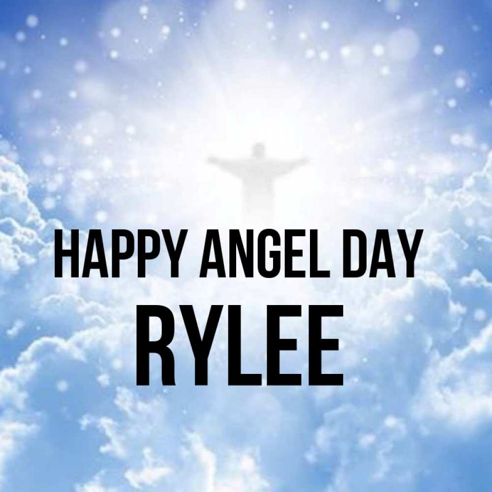Greetings card с именем, Rylee happy angel day ангел на облаках в свете солнца Greetings with text for free download 