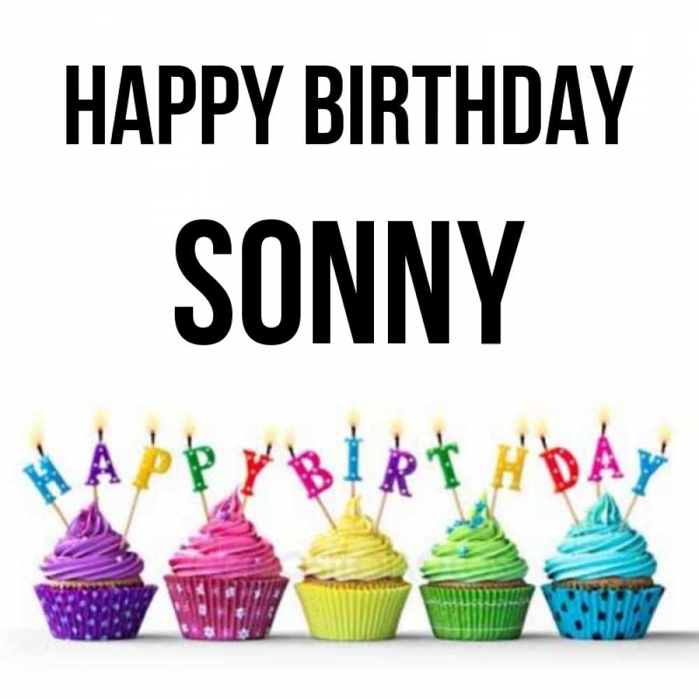 Greetings card с именем, Sonny Happy Birthday открытка ко дню рождения с разноцветными вкусняшками Greetings with text for free download 