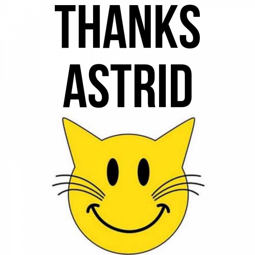 Greetings card с именем, Astrid Thanks улыбающийся смайл кот Greetings with text for free download 