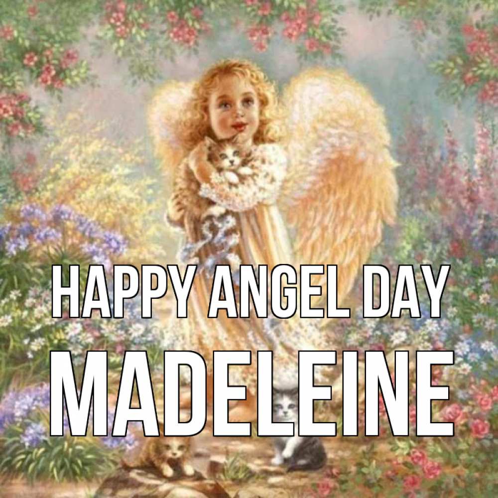 Greetings card с именем, Madeleine happy angel day держит котенка Greetings with text for free download 