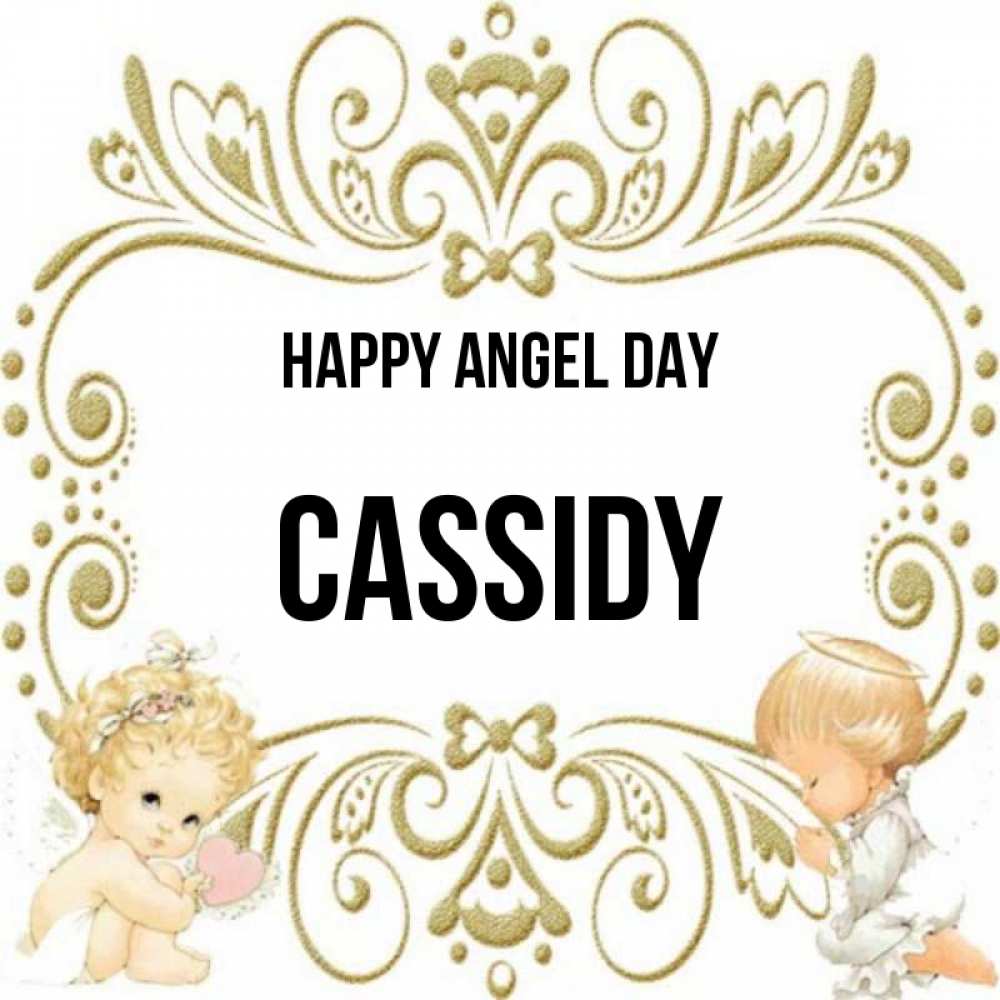 Greetings card с именем, Cassidy happy angel day с именинами поздравляют два красивых ангела. Один с сердечком другой молится Greetings with text for free download 