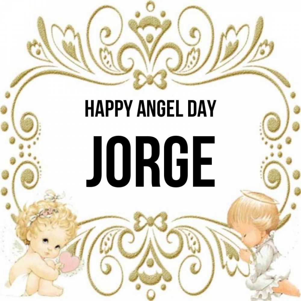 Greetings card с именем, Jorge happy angel day с именинами поздравляют два красивых ангела. Один с сердечком другой молится Greetings with text for free download 