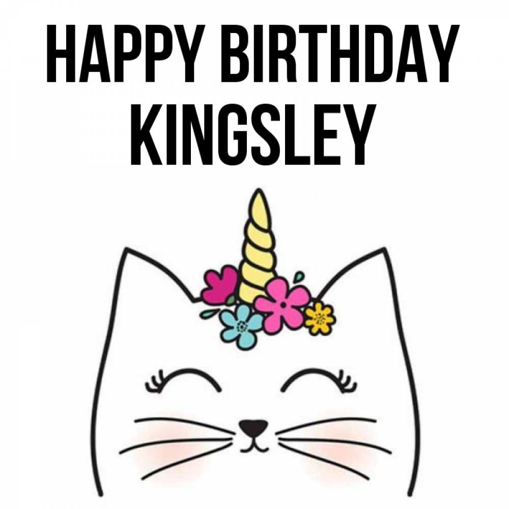 Greetings card с именем, Kingsley Happy Birthday милый кот с одним рожком Greetings with text for free download 