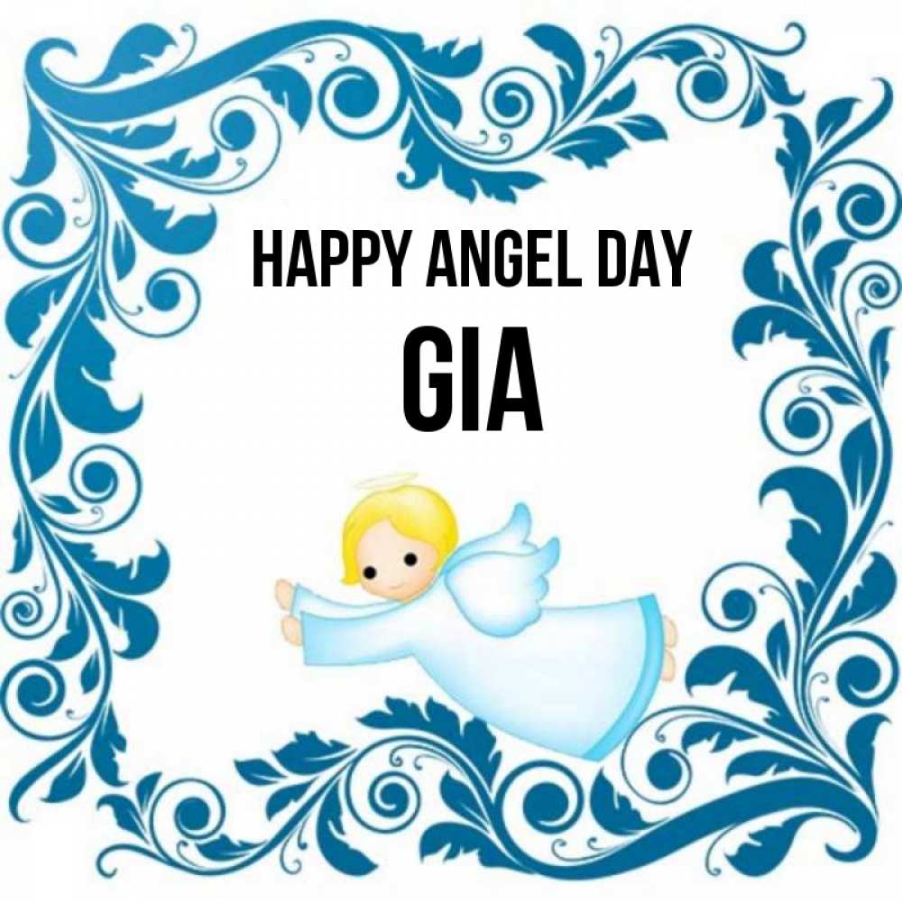 Greetings card с именем, Gia happy angel day девочка ангел и синяя рамка Greetings with text for free download 