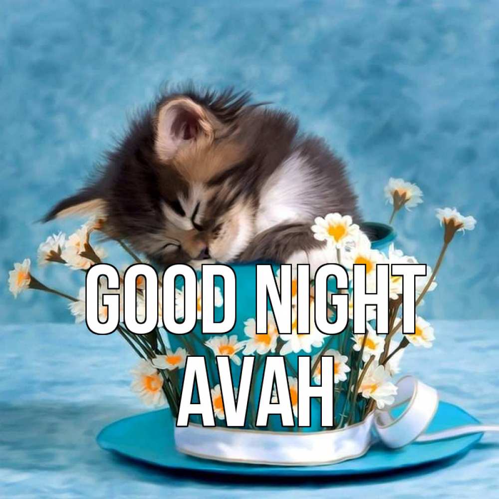 Greetings card с именем, Avah Good night котенок спит в кружке с блюдцем Greetings with text for free download 