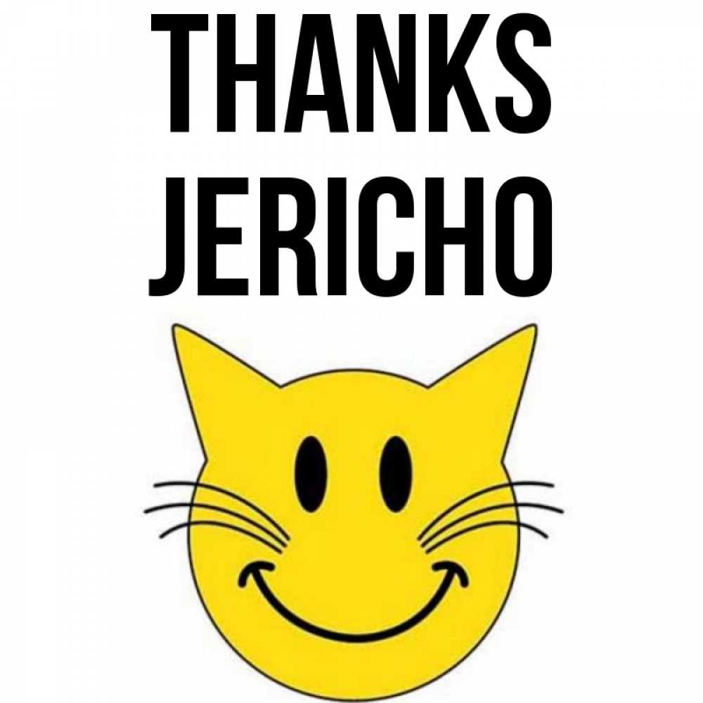 Greetings card с именем, Jericho Thanks улыбающийся смайл кот Greetings with text for free download 