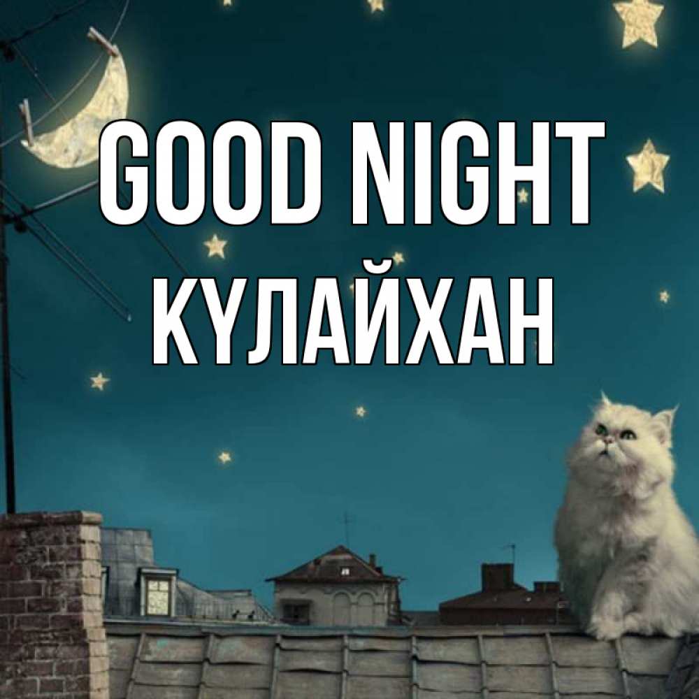 Greetings card с именем, КҮЛАЙХАН Good night белый кот сидит на крыше Greetings with text for free download 