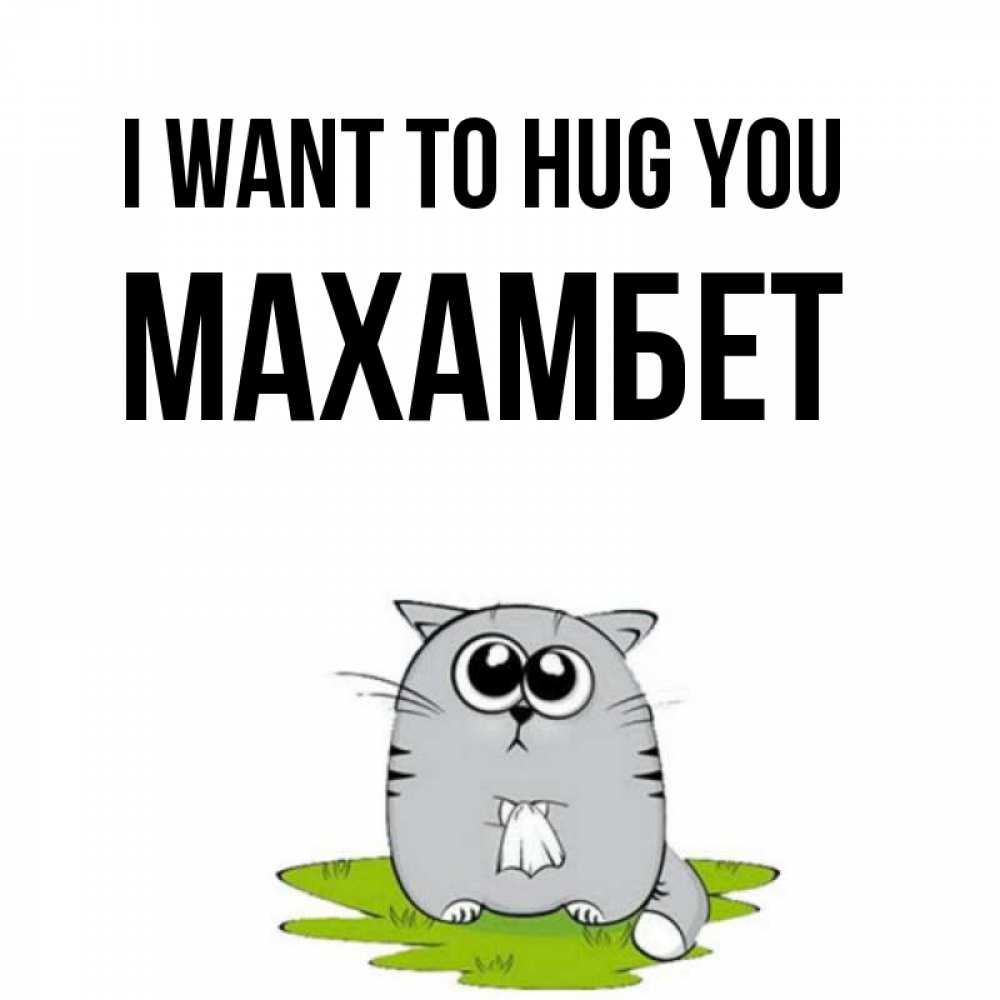 Greetings card с именем, МАХАМБЕТ I want to hug you котик теребит платочек сидя на травке Greetings with text for free download 