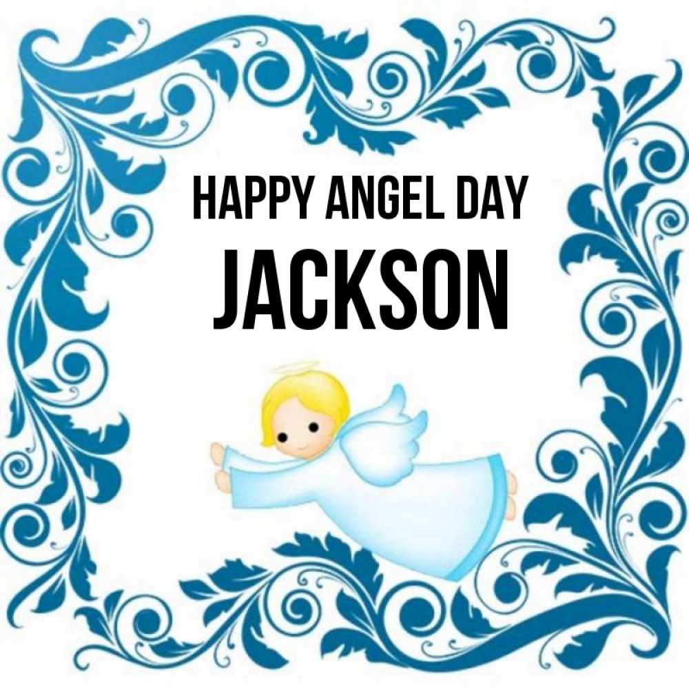 Greetings card с именем, Jackson happy angel day девочка ангел и синяя рамка Greetings with text for free download 