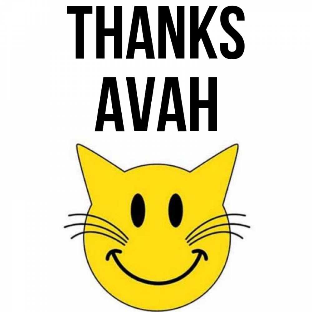 Greetings card с именем, Avah Thanks улыбающийся смайл кот Greetings with text for free download 